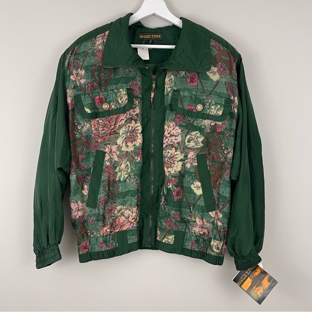 Vintage River Edge 100% Pure Silk Floral Print Full Zip Windbreaker Jacket